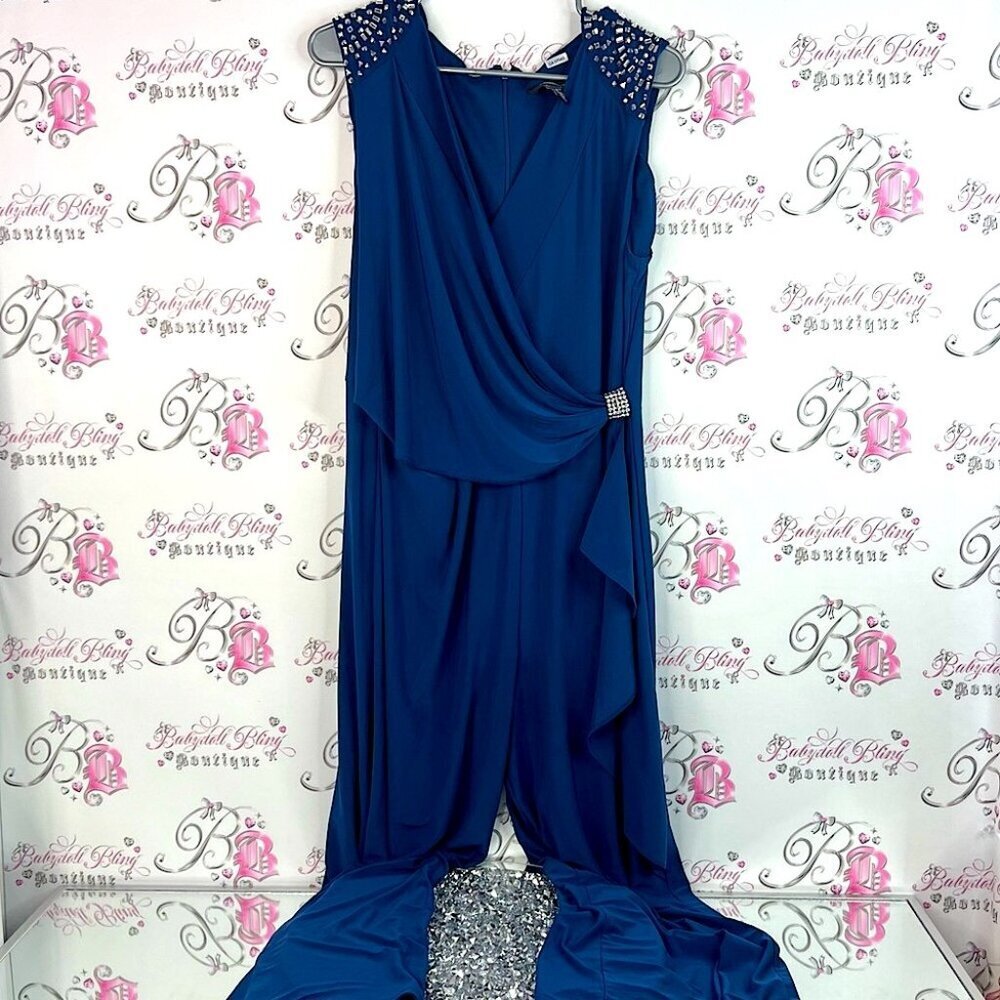 R&M Richards one piece jumpsuit pants formal luxe rhinestone Royal Blue Dress